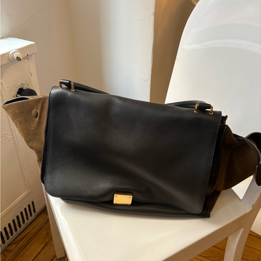 Celine Large Trapeze bag - Black leather and Brown Suede